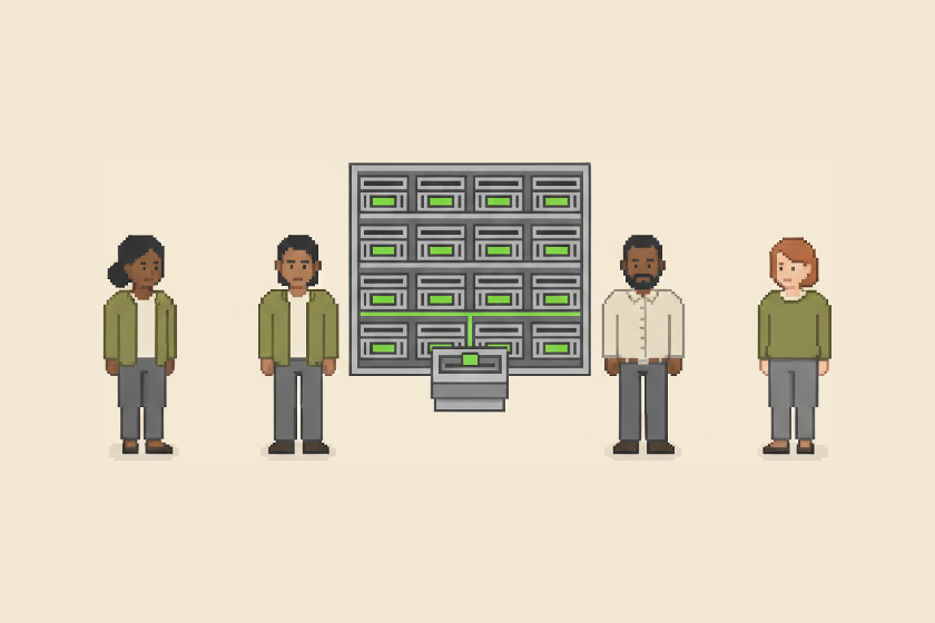 Pixel-art scene: the same staff standing apart and relaxed around a single control desk, the twelve machines now docked in one rack behind it, a single green data block entered once and carried along one line to all of them.