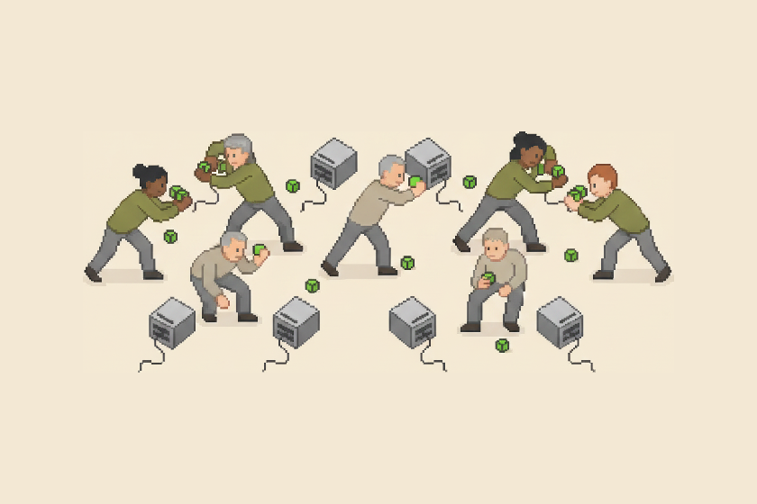 Pixel-art scene: seven agency staff crowded together, arms crossing over one another, each pushing an identical green data block into one of twelve separate machines scattered across the floor, spare blocks dropped between them.